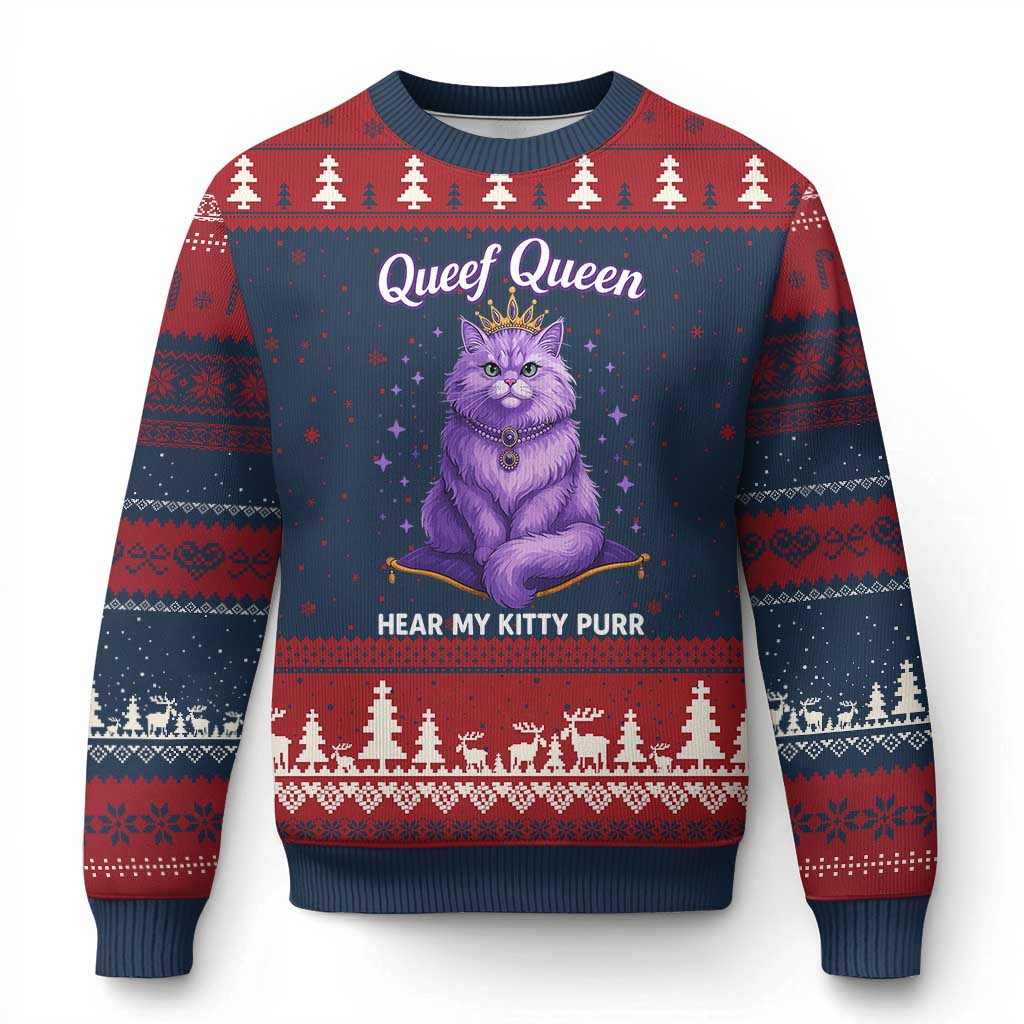 Funny Queef Queen Cat Ugly Christmas Sweater Hear My Kitty Purr Inappropriate Dirty Adult Humor - Wonder Print Shop