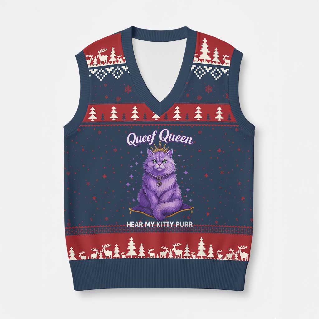 Funny Queef Queen Cat V-Neck Knit Sweater Vest Hear My Kitty Purr Inappropriate Dirty Adult Humor - Wonder Print Shop