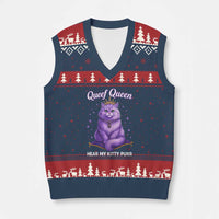 Funny Queef Queen Cat V-Neck Knit Sweater Vest Hear My Kitty Purr Inappropriate Dirty Adult Humor - Wonder Print Shop