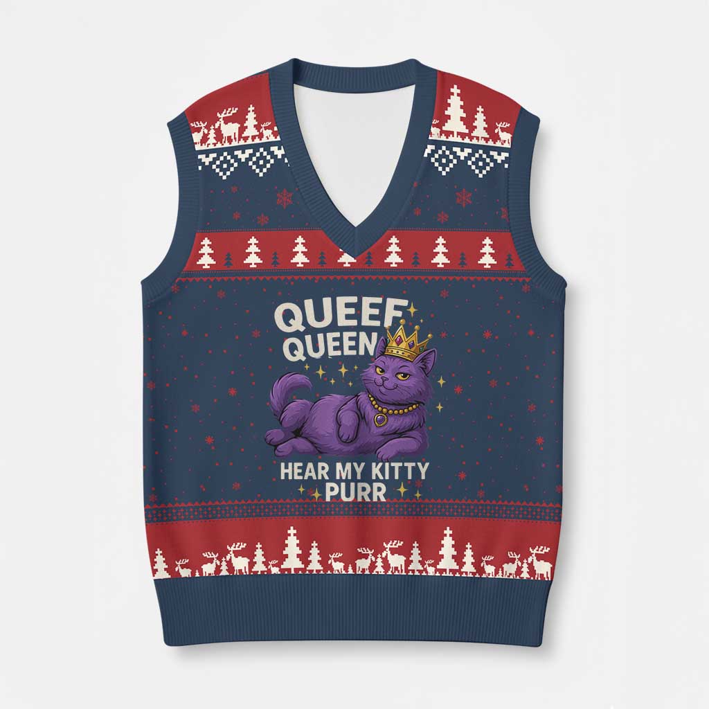 Funny Queef Queen Cat V-Neck Knit Sweater Vest Hear My Kitty Purr Inappropriate Dirty Adult Humor Jokes - Wonder Print Shop