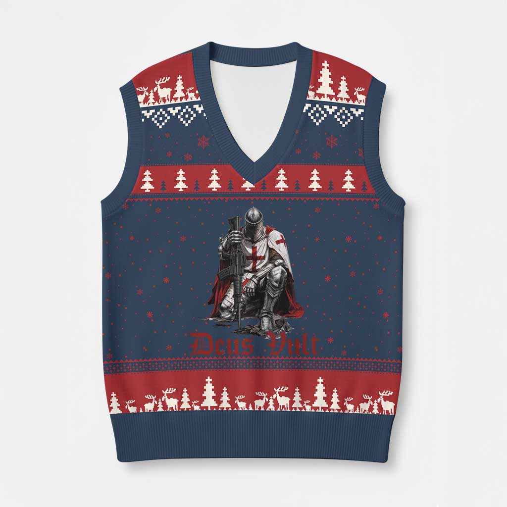 Deus Vult Knights Templar Gun Lover V-Neck Knit Sweater Vest Crusader Cross Soldier of Christ