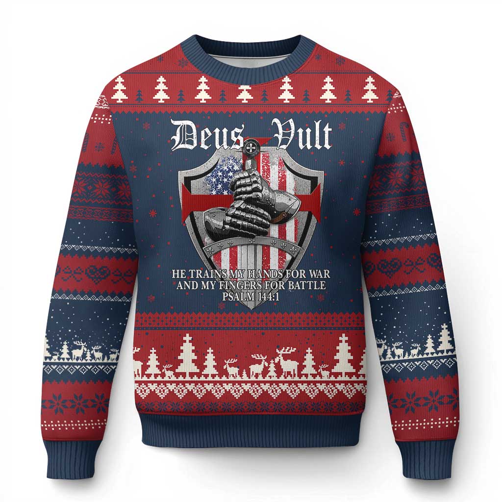 Deus Vult Knights Templar Ugly Christmas Sweater He Trains My Hands For War And My Fingers For Battle