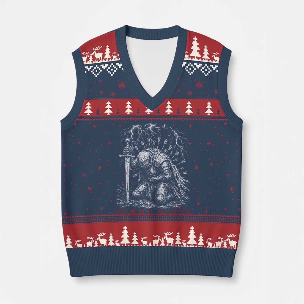 Tummy Hurts Funny Medieval Knight Dark Fantasy Humor V-Neck Knit Sweater Vest