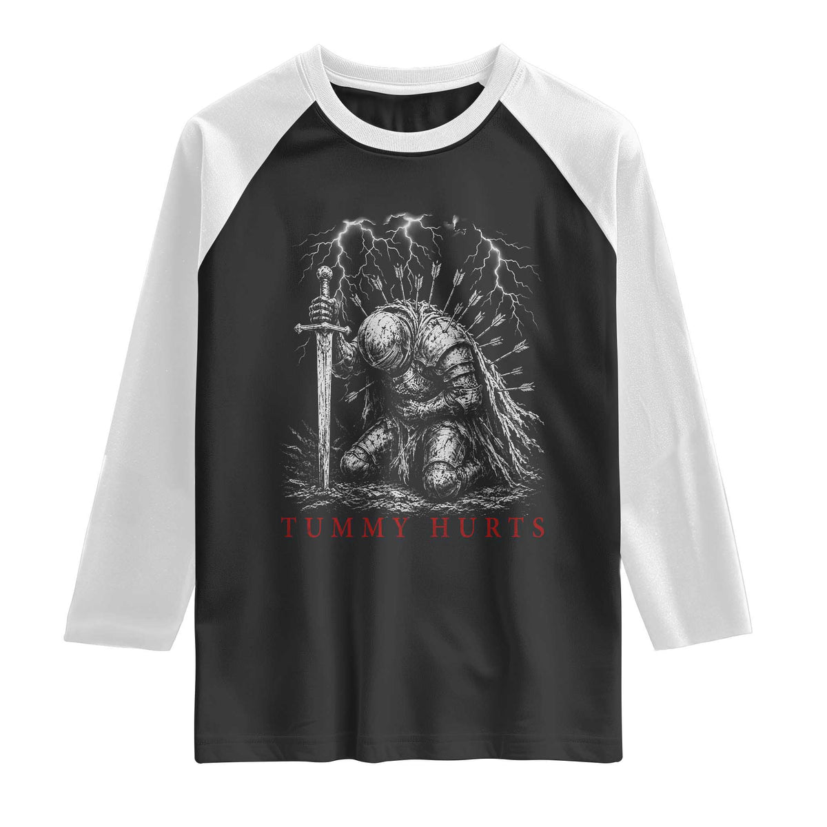 Tummy Hurts Funny Medieval Knight Dark Fantasy Humor Raglan Shirt