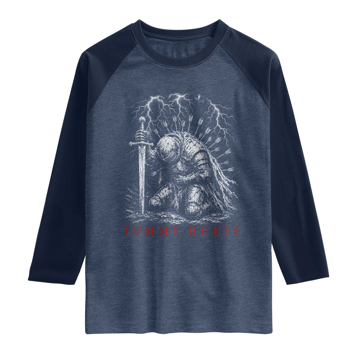 Tummy Hurts Funny Medieval Knight Dark Fantasy Humor Raglan Shirt