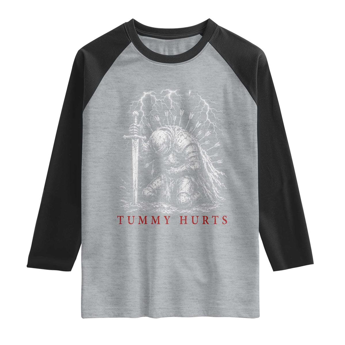 Tummy Hurts Funny Medieval Knight Dark Fantasy Humor Raglan Shirt