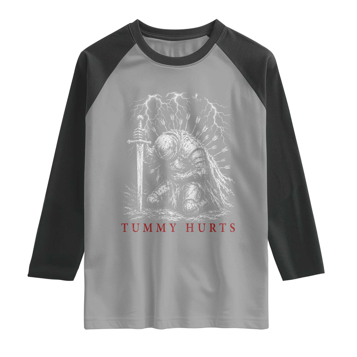 Tummy Hurts Funny Medieval Knight Dark Fantasy Humor Raglan Shirt