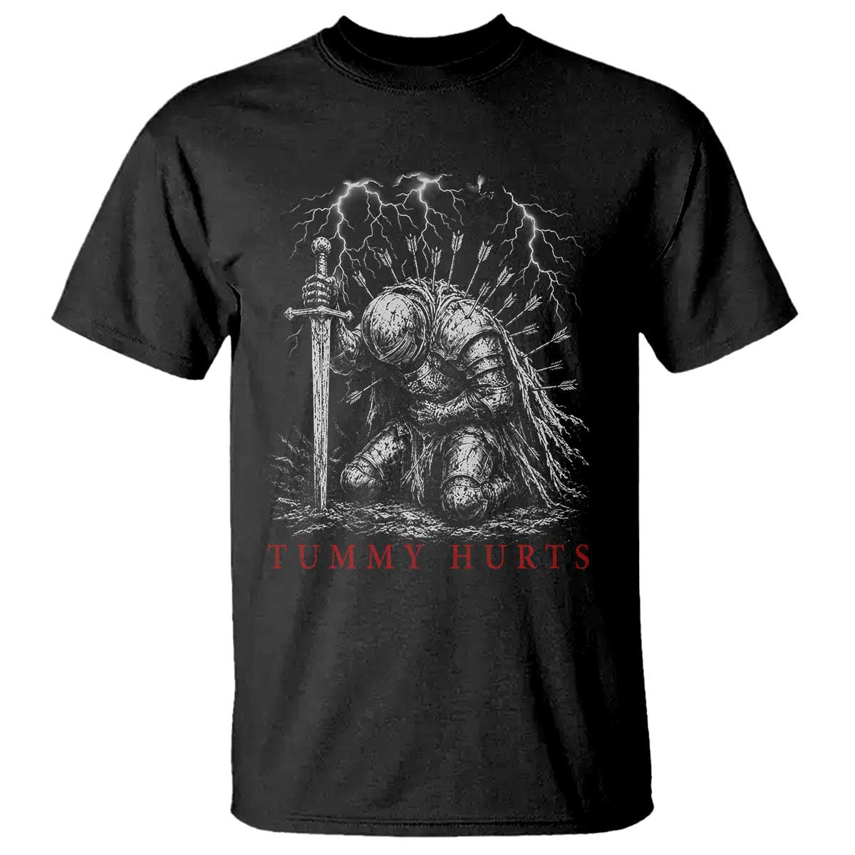 Tummy Hurts Funny Medieval Knight Dark Fantasy Humor T Shirt