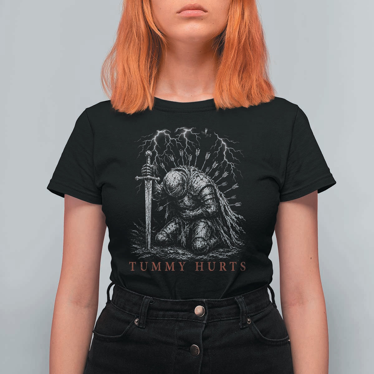 Tummy Hurts Funny Medieval Knight Dark Fantasy Humor T Shirt For Women