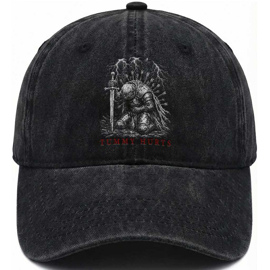 Tummy Hurts Funny Medieval Knight Dark Fantasy Humor Washed Cotton Baseball Cap