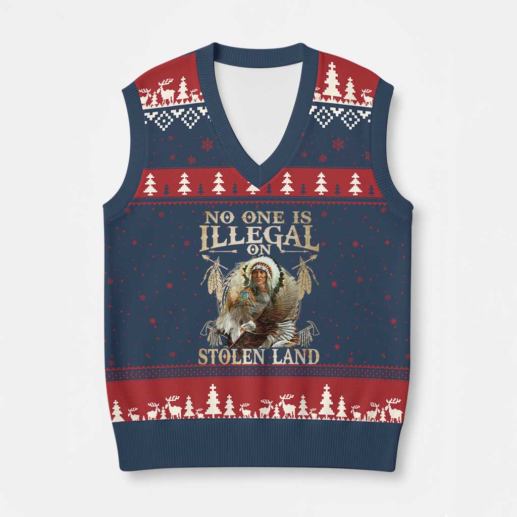 Native American V-Neck Knit Sweater Vest No One Is Illegal On Stolen Land Eagle Tribe - Wonder Print Shop