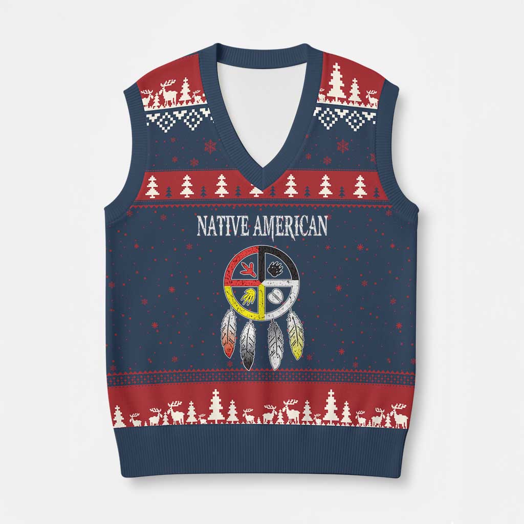 Native American V-Neck Knit Sweater Vest Medicine Wheel Dreamcatcher Spirit Animal Paws - Wonder Print Shop