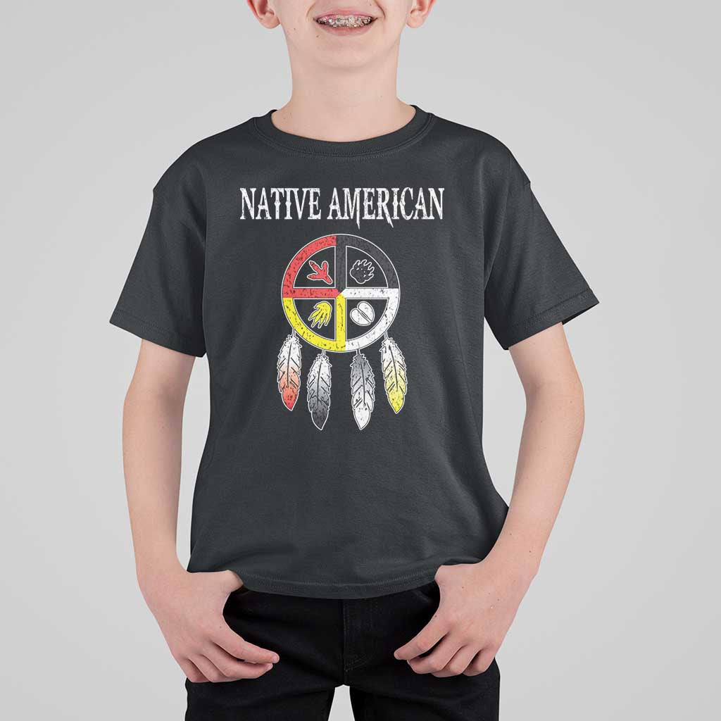 Native American T Shirt For Kid Medicine Wheel Dreamcatcher Spirit Animal Paws - Wonder Print Shop