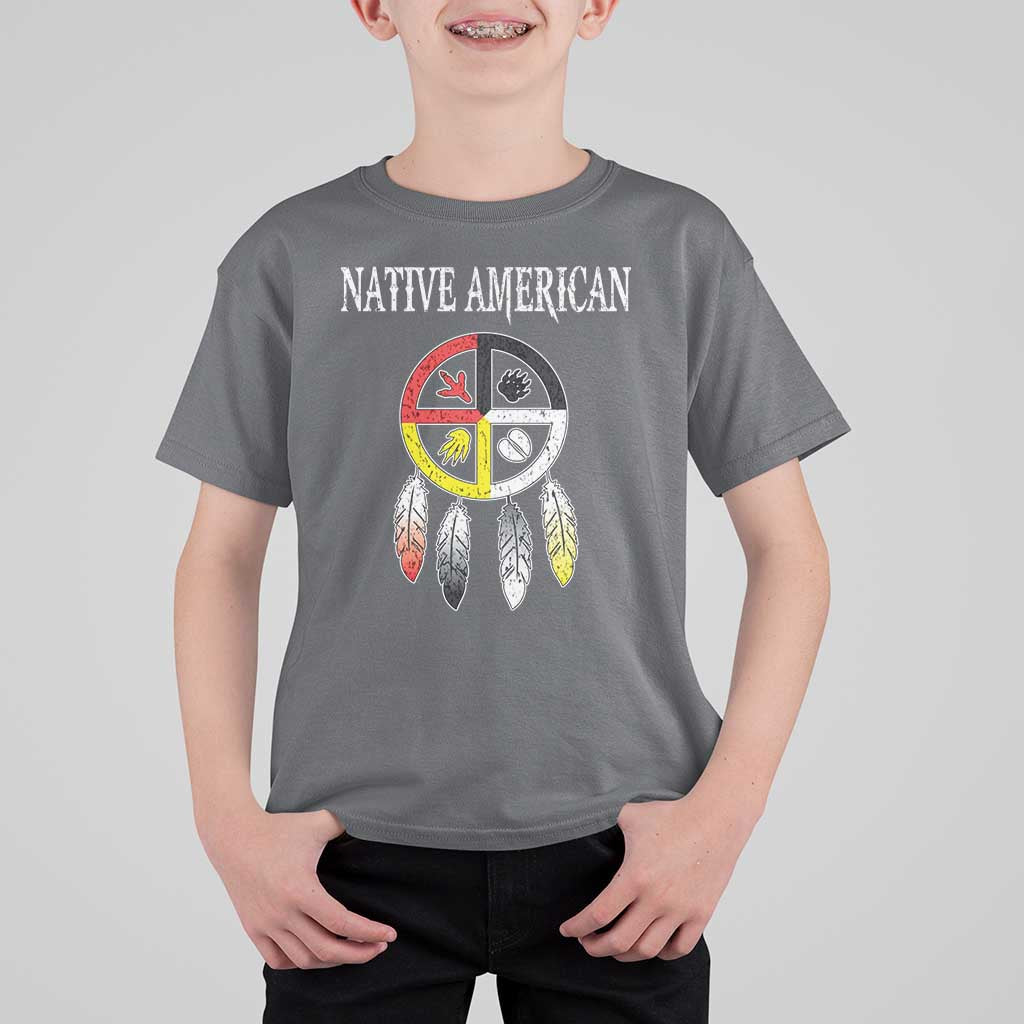 Native American T Shirt For Kid Medicine Wheel Dreamcatcher Spirit Animal Paws - Wonder Print Shop