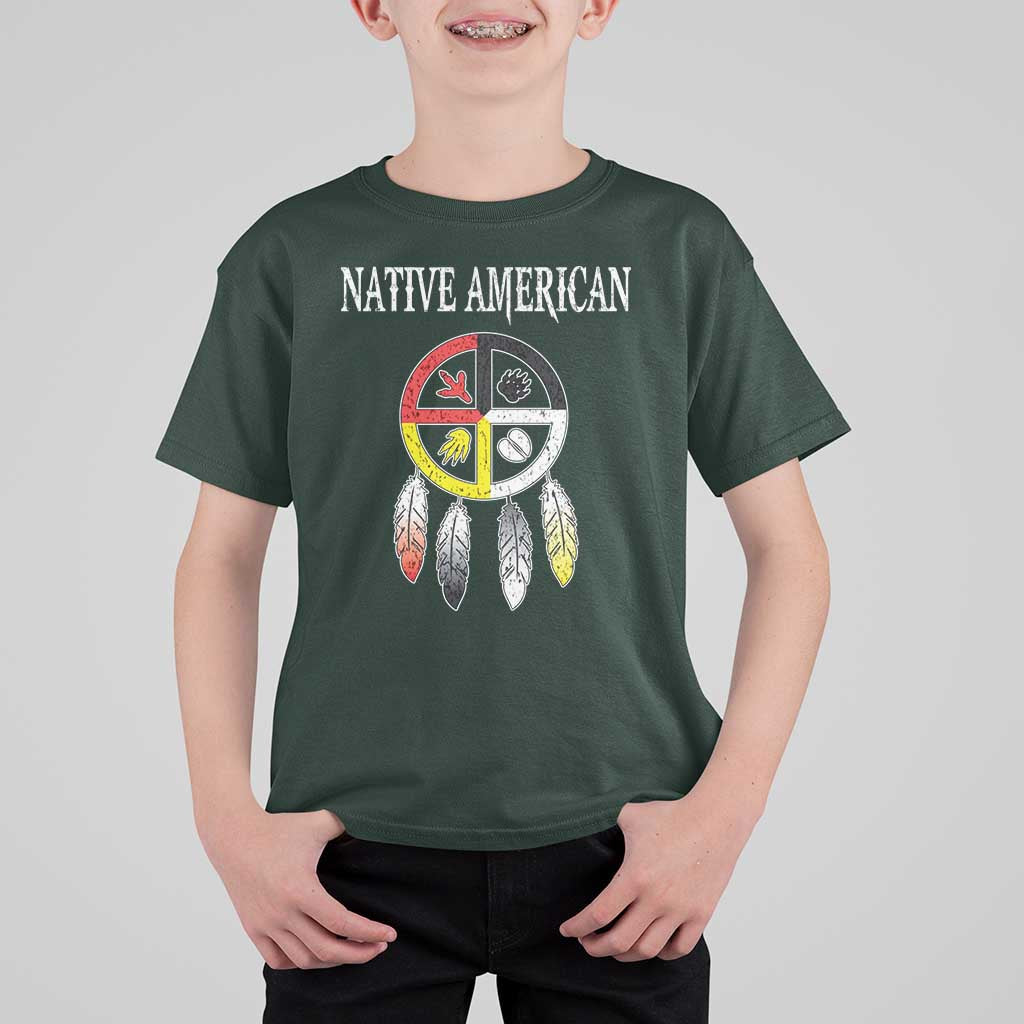 Native American T Shirt For Kid Medicine Wheel Dreamcatcher Spirit Animal Paws - Wonder Print Shop