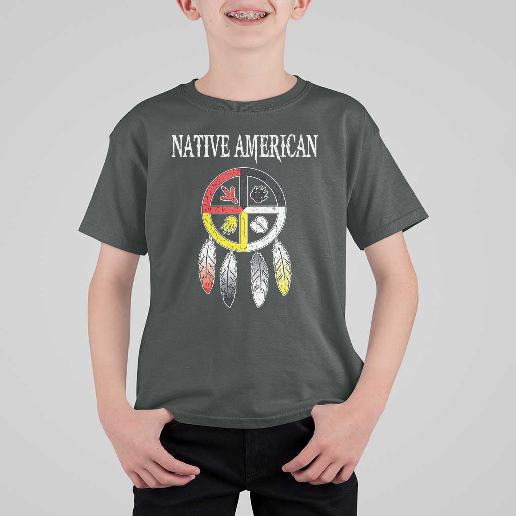 Native American T Shirt For Kid Medicine Wheel Dreamcatcher Spirit Animal Paws - Wonder Print Shop