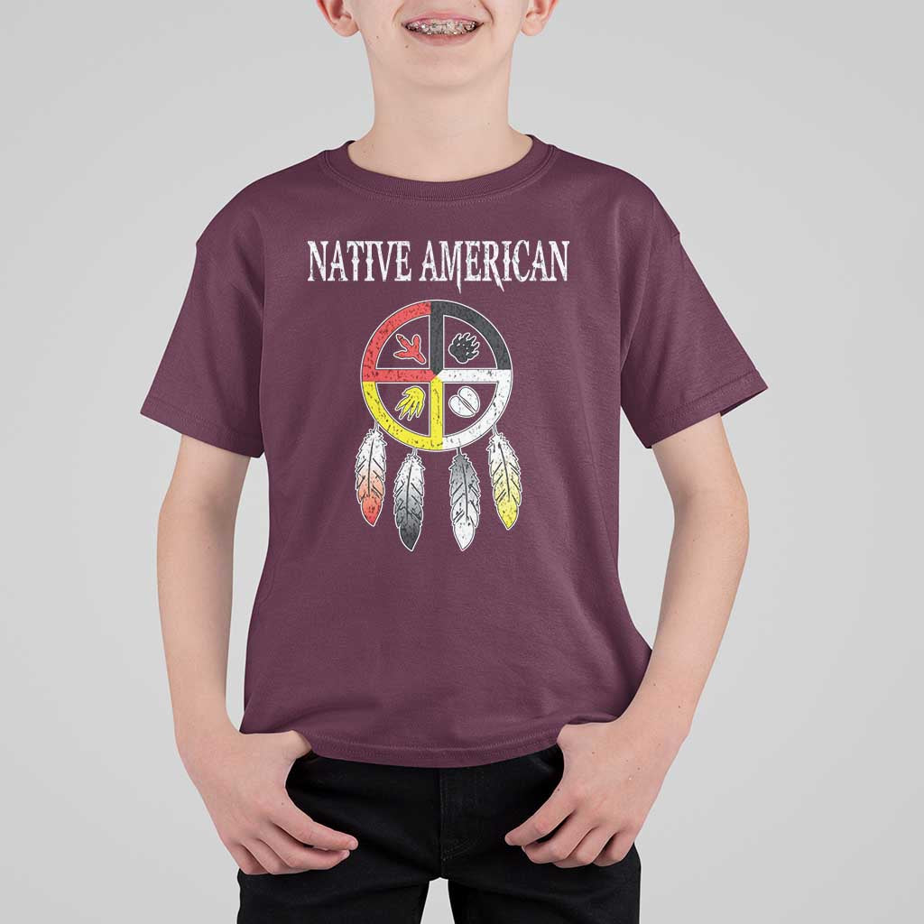 Native American T Shirt For Kid Medicine Wheel Dreamcatcher Spirit Animal Paws - Wonder Print Shop