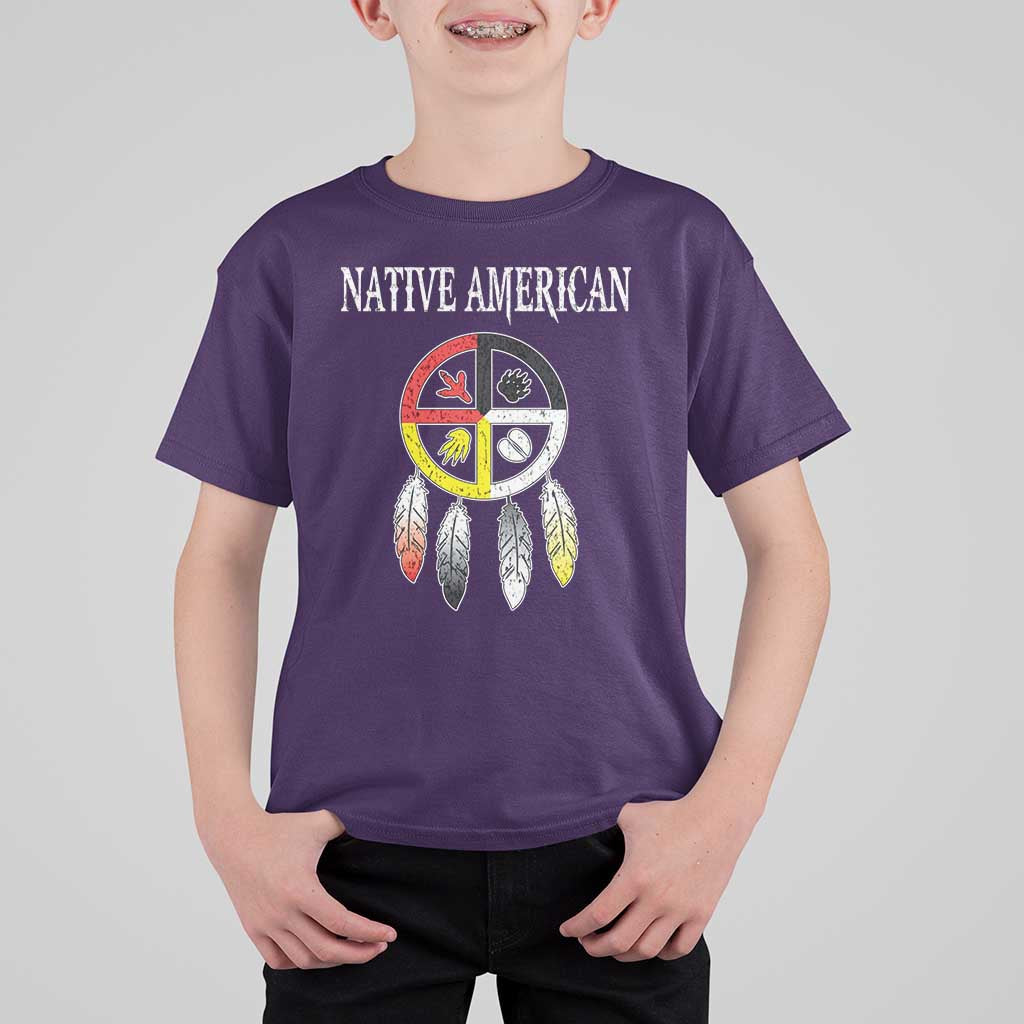 Native American T Shirt For Kid Medicine Wheel Dreamcatcher Spirit Animal Paws - Wonder Print Shop