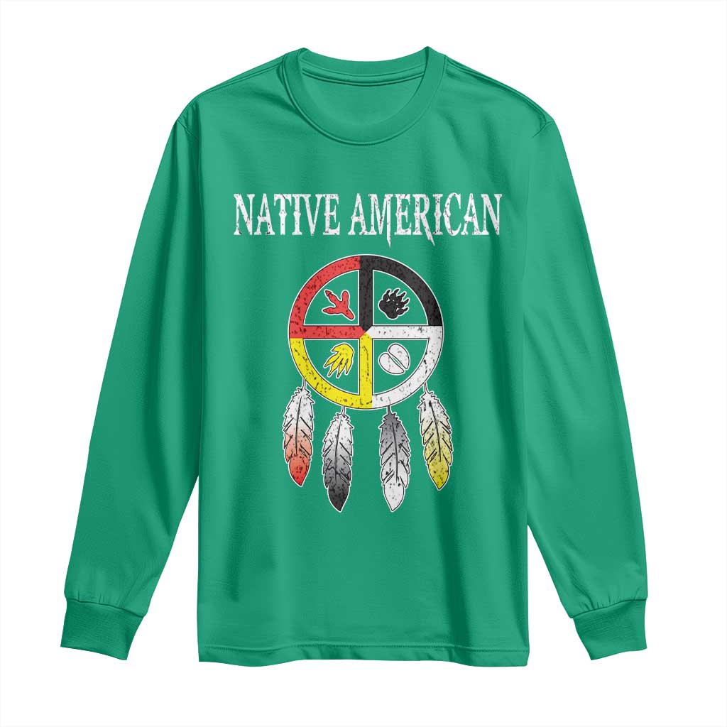Native American Long Sleeve Shirt Medicine Wheel Dreamcatcher Spirit Animal Paws - Wonder Print Shop