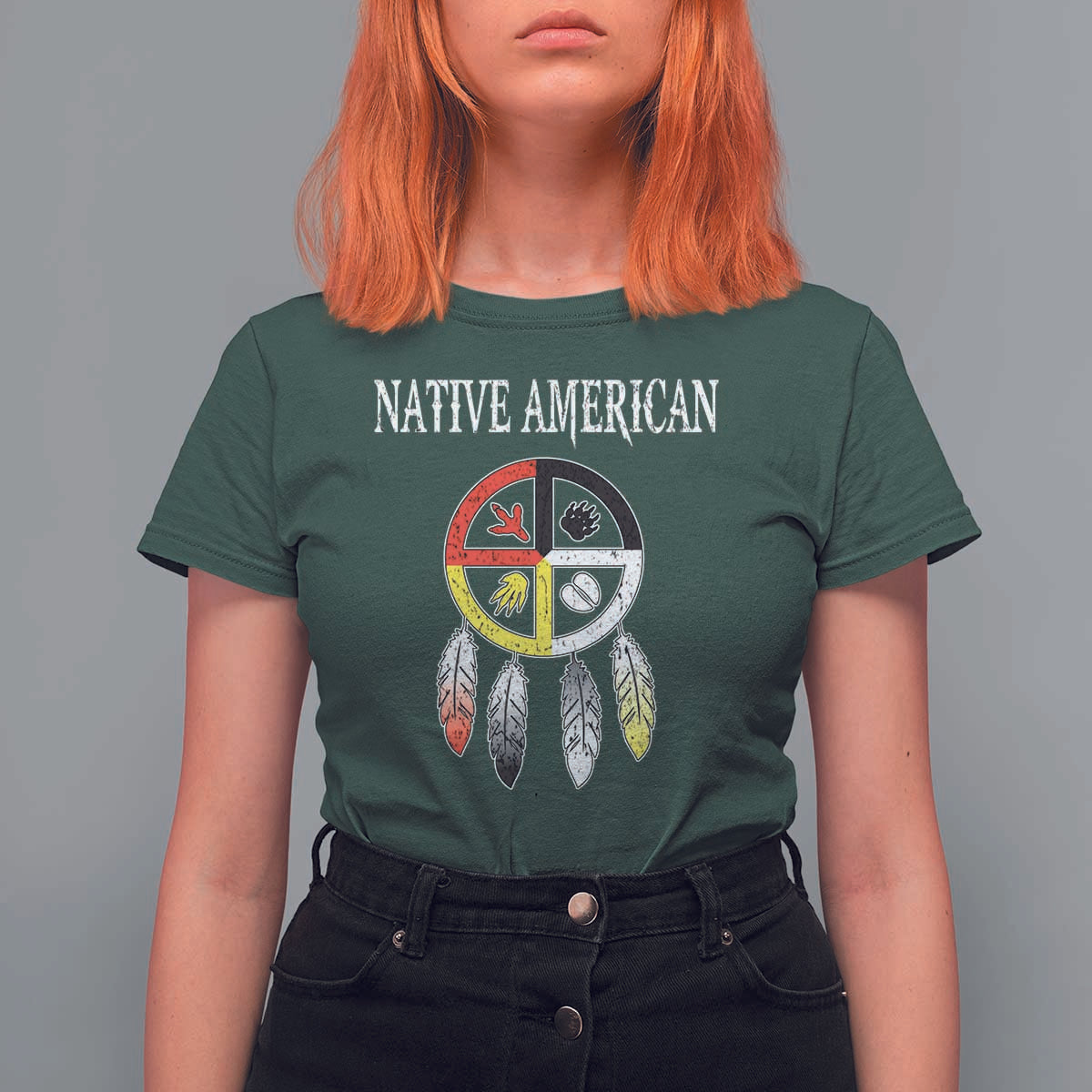 Native American T Shirt For Women Medicine Wheel Dreamcatcher Spirit Animal Paws - Wonder Print Shop