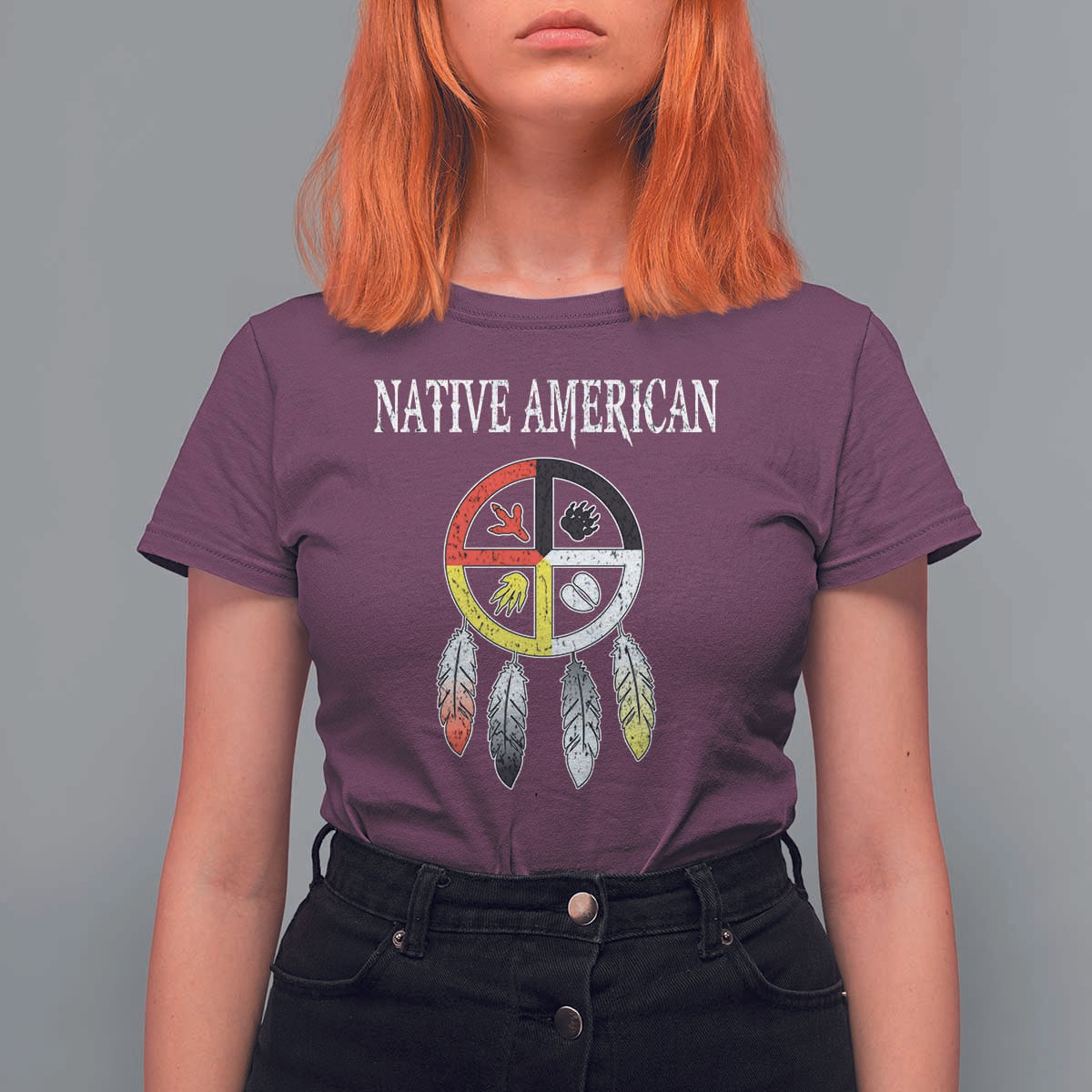 Native American T Shirt For Women Medicine Wheel Dreamcatcher Spirit Animal Paws - Wonder Print Shop