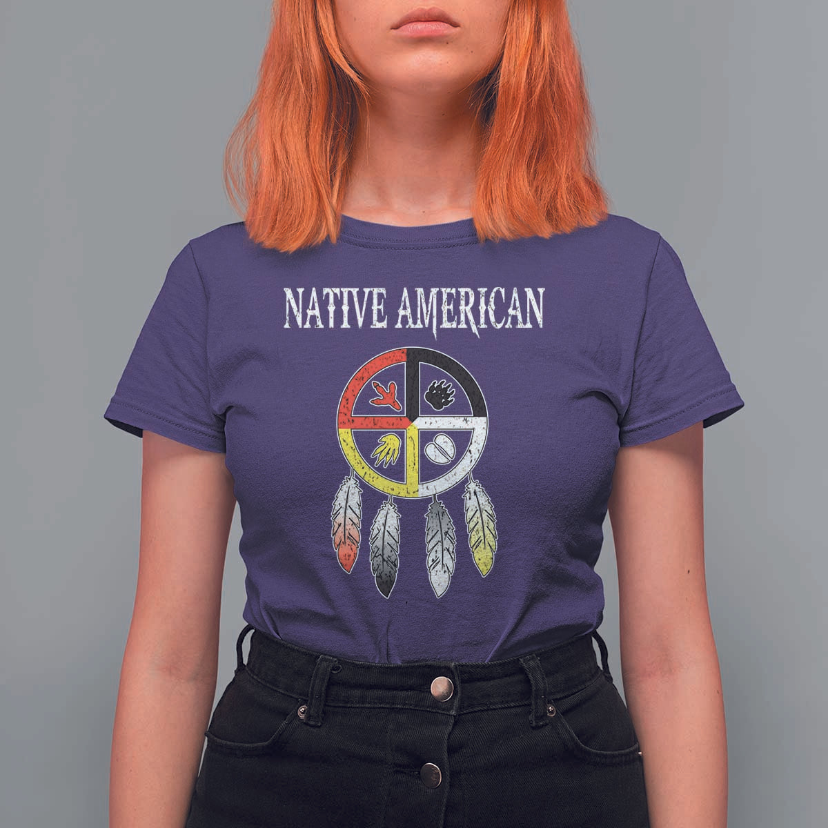 Native American T Shirt For Women Medicine Wheel Dreamcatcher Spirit Animal Paws - Wonder Print Shop