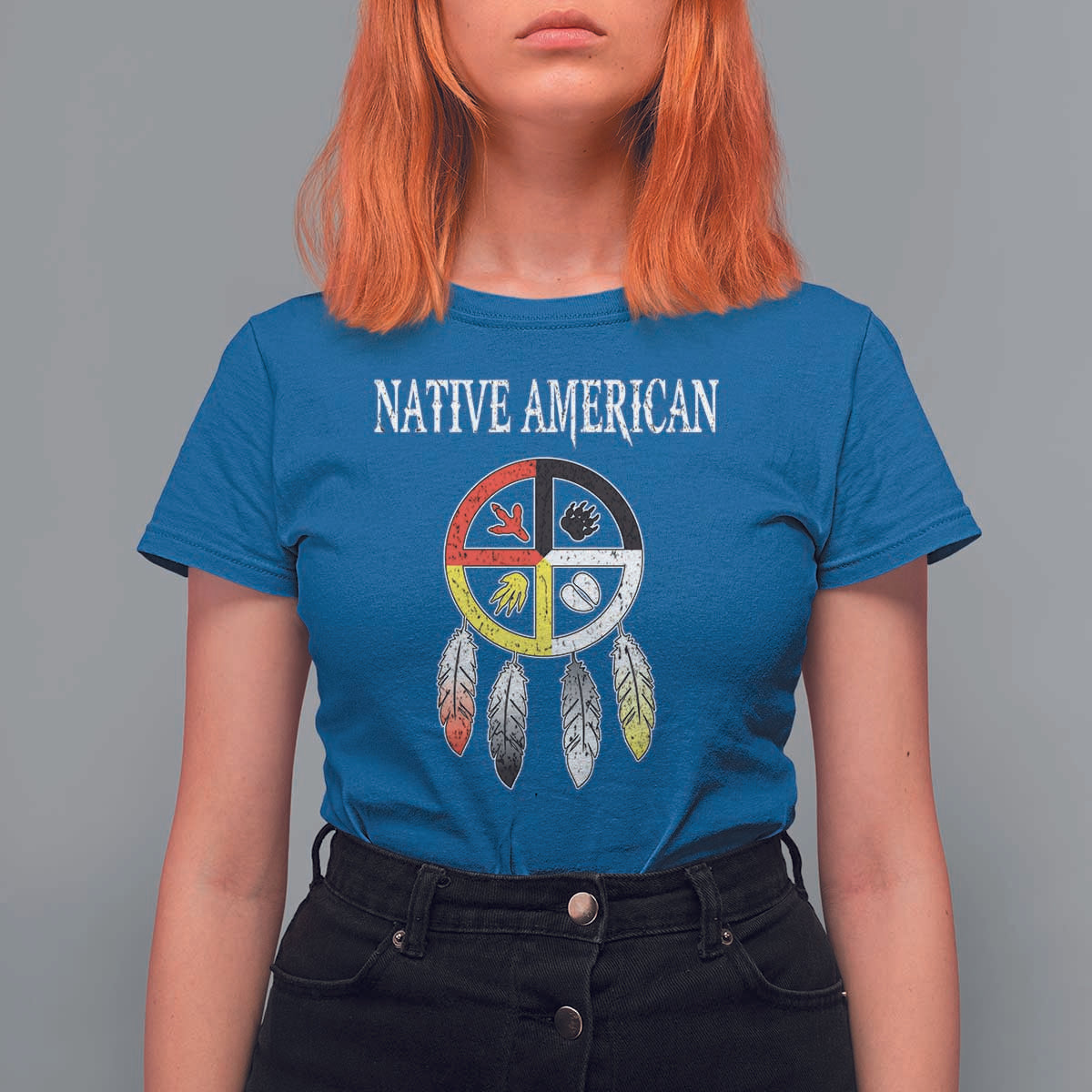 Native American T Shirt For Women Medicine Wheel Dreamcatcher Spirit Animal Paws - Wonder Print Shop