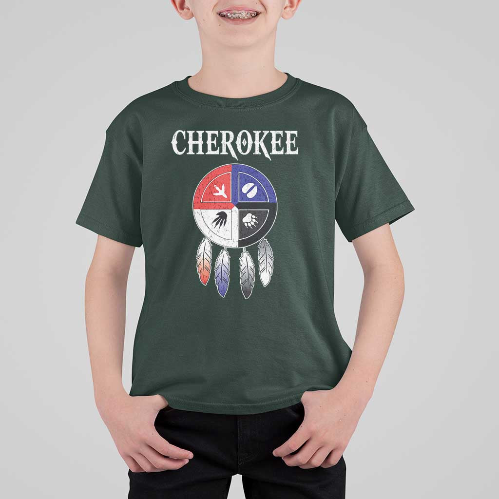 Cherokee T Shirt For Kid Native American Tribes Medicine Wheel Dreamcatcher Spirit Animal Paws - Wonder Print Shop