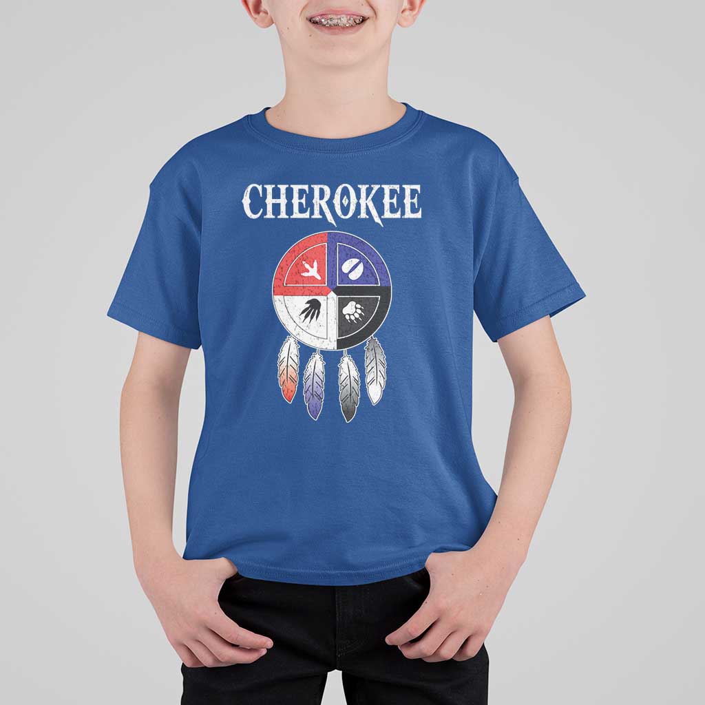Cherokee T Shirt For Kid Native American Tribes Medicine Wheel Dreamcatcher Spirit Animal Paws - Wonder Print Shop