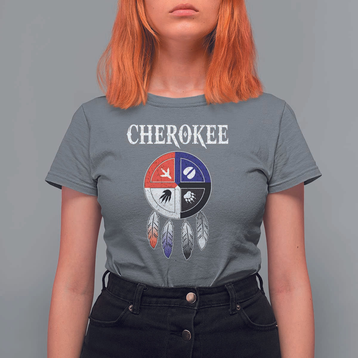 Cherokee T Shirt For Women Native American Tribes Medicine Wheel Dreamcatcher Spirit Animal Paws - Wonder Print Shop