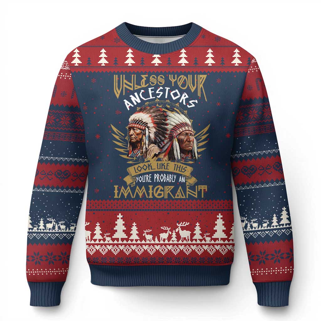 Native American Ugly Christmas Sweater Unless Your Ancestors Look Like This You're Probably An Immigrant - Wonder Print Shop
