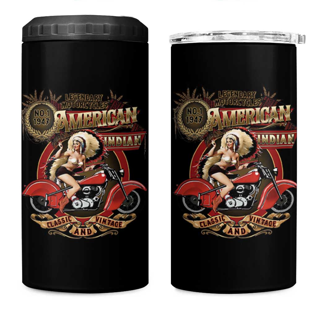 Native American Rider 4 in 1 Can Cooler Tumbler American Indian Legendary Motorcycle Vintage Pin Up Girl - Wonder Print Shop