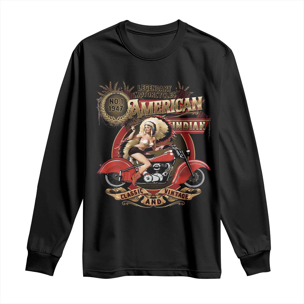 Native American Rider Long Sleeve Shirt American Indian Legendary Motorcycle Vintage Pin Up Girl - Wonder Print Shop