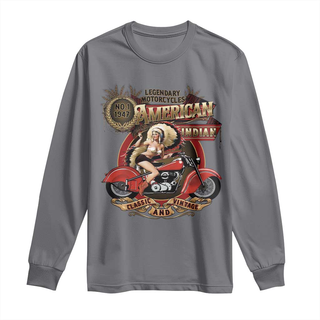 Native American Rider Long Sleeve Shirt American Indian Legendary Motorcycle Vintage Pin Up Girl - Wonder Print Shop