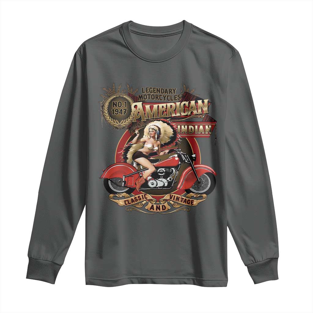 Native American Rider Long Sleeve Shirt American Indian Legendary Motorcycle Vintage Pin Up Girl - Wonder Print Shop