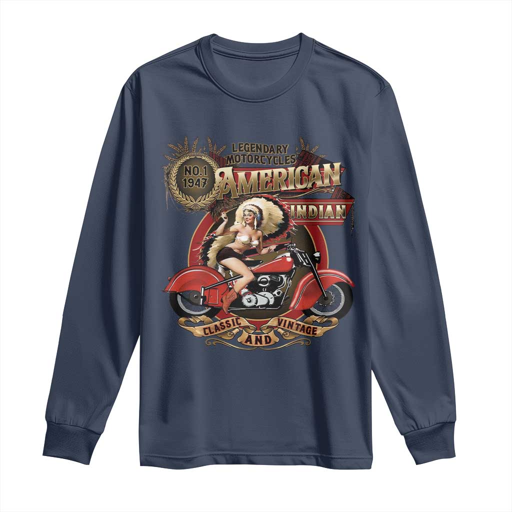Native American Rider Long Sleeve Shirt American Indian Legendary Motorcycle Vintage Pin Up Girl - Wonder Print Shop