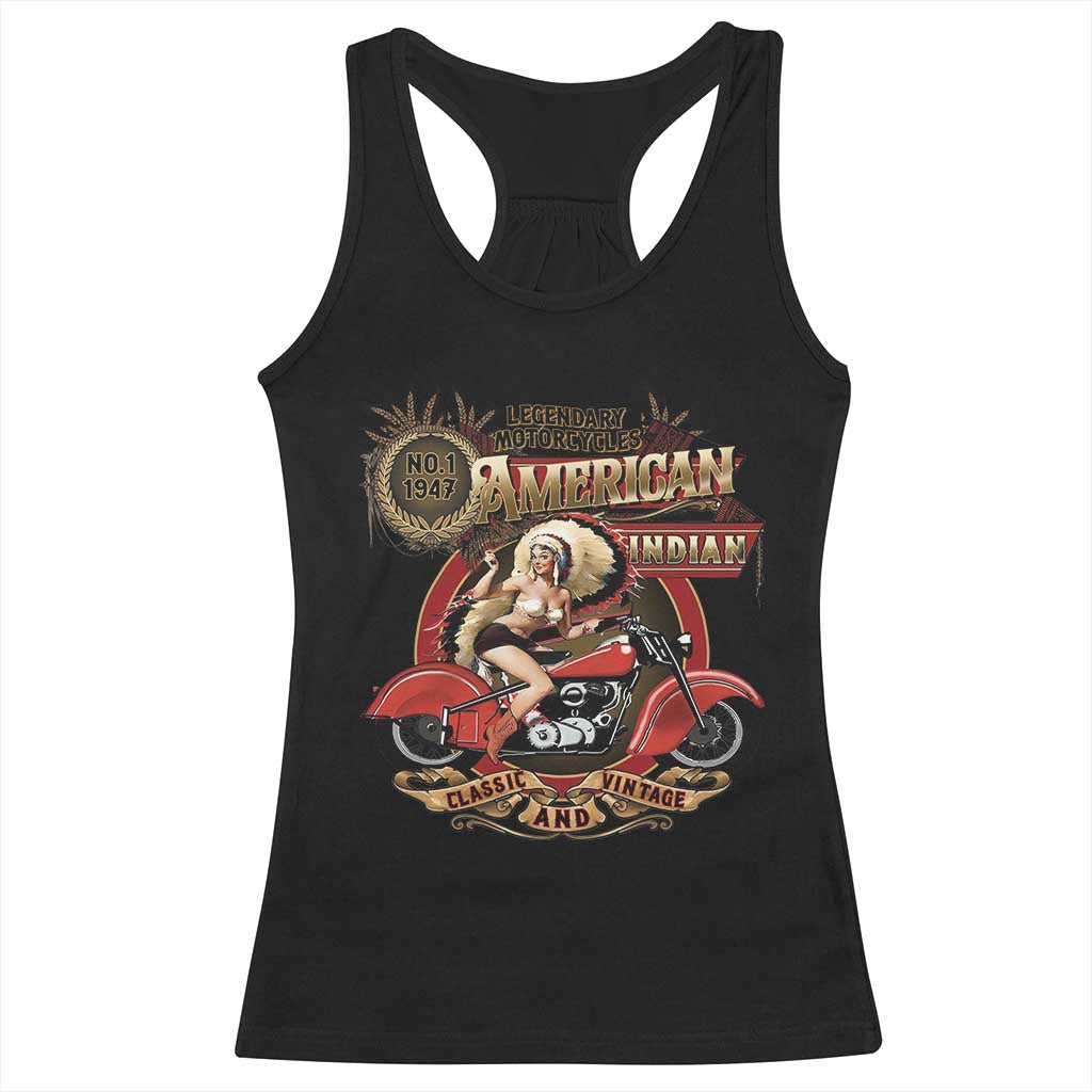 Native American Rider Racerback Tank Top American Indian Legendary Motorcycle Vintage Pin Up Girl - Wonder Print Shop