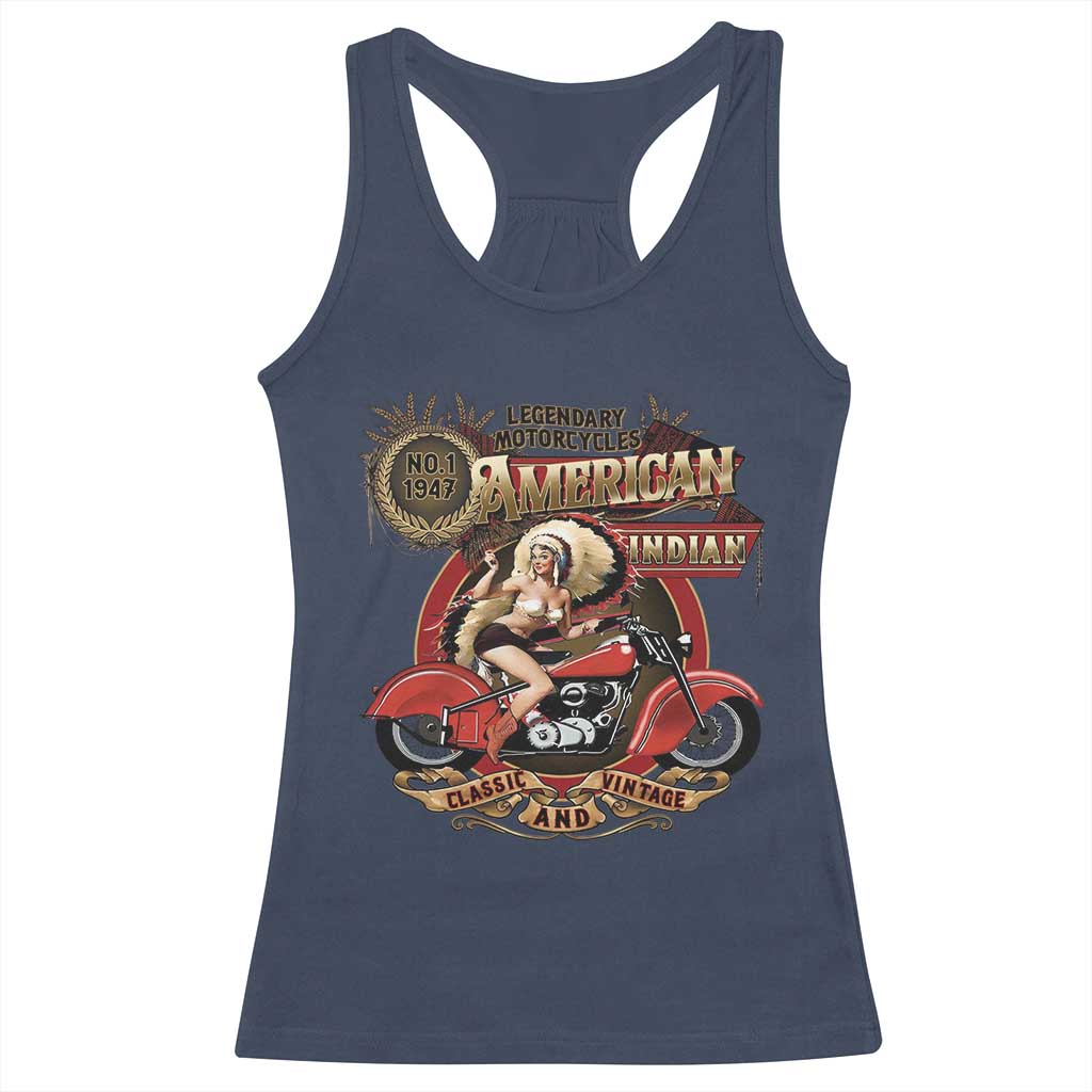 Native American Rider Racerback Tank Top American Indian Legendary Motorcycle Vintage Pin Up Girl - Wonder Print Shop