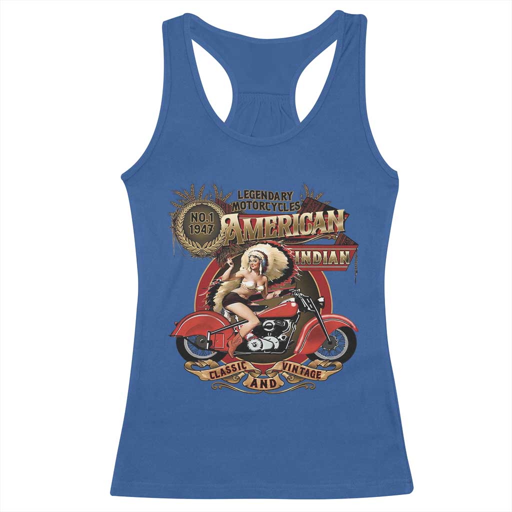 Native American Rider Racerback Tank Top American Indian Legendary Motorcycle Vintage Pin Up Girl - Wonder Print Shop
