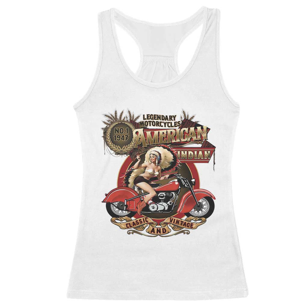 Native American Rider Racerback Tank Top American Indian Legendary Motorcycle Vintage Pin Up Girl - Wonder Print Shop