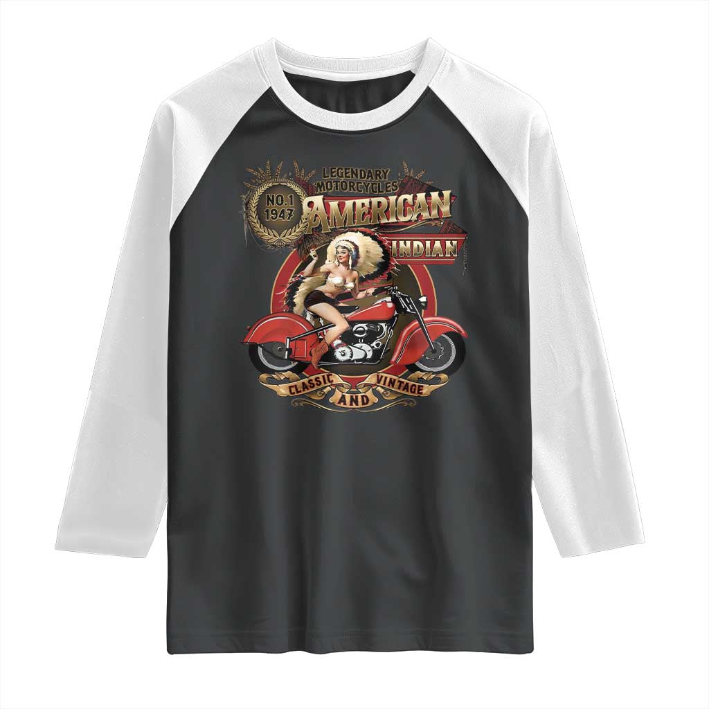Native American Rider Raglan Shirt American Indian Legendary Motorcycle Vintage Pin Up Girl - Wonder Print Shop