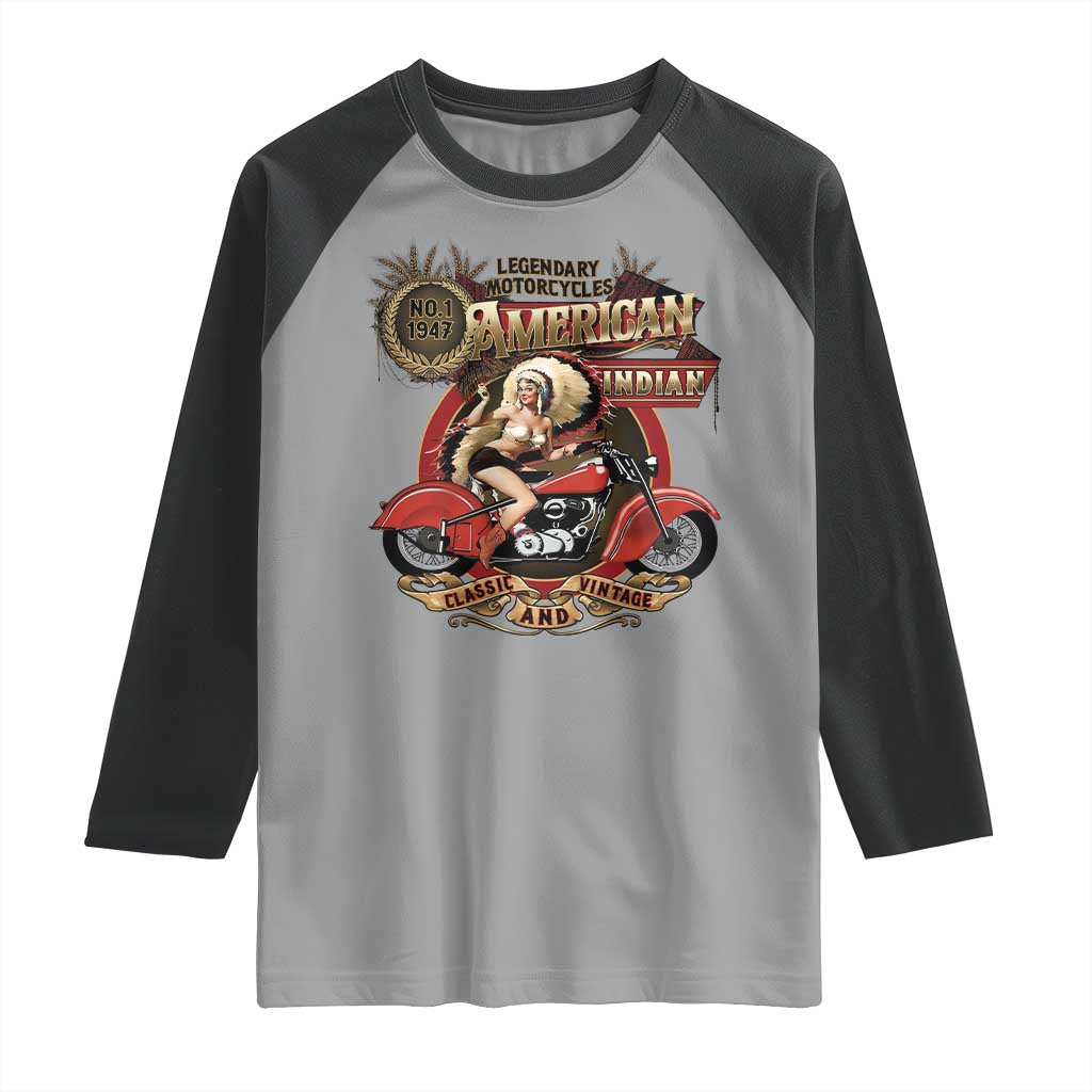 Native American Rider Raglan Shirt American Indian Legendary Motorcycle Vintage Pin Up Girl - Wonder Print Shop