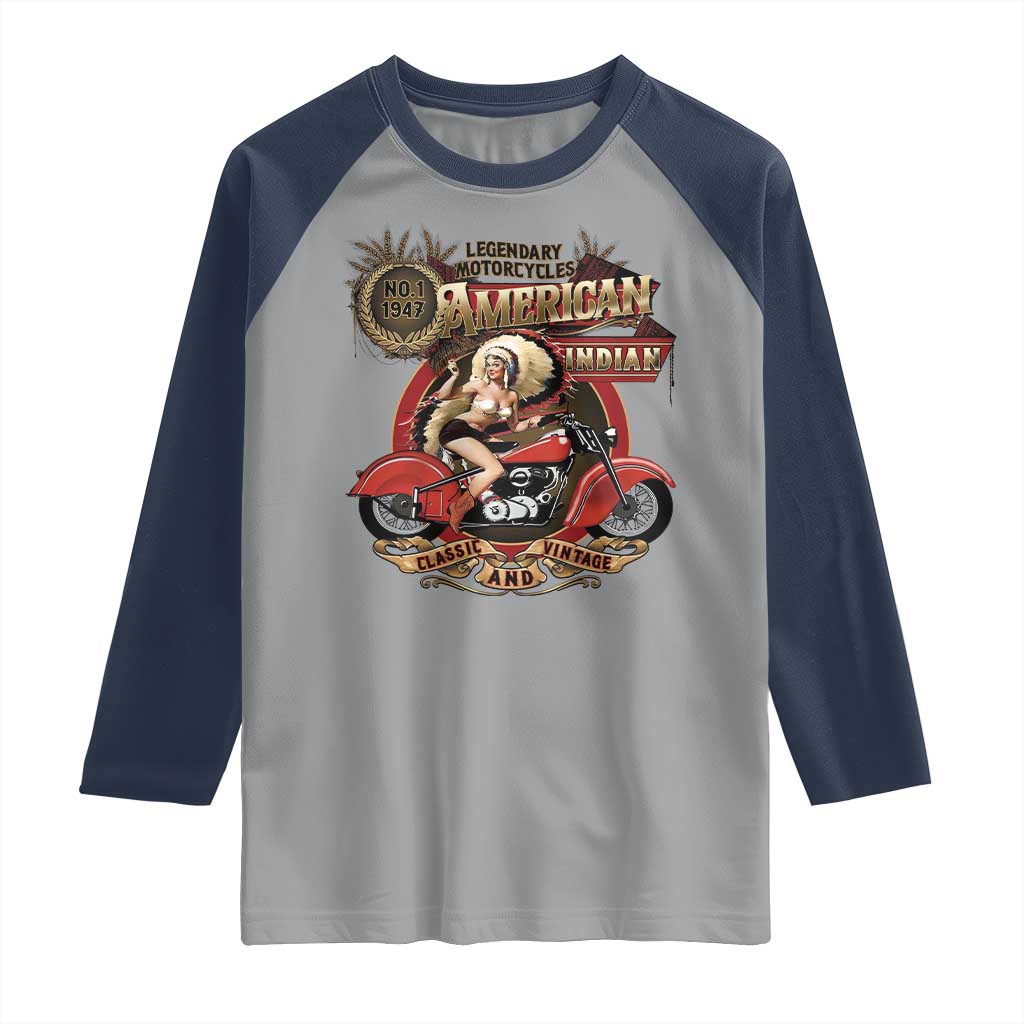 Native American Rider Raglan Shirt American Indian Legendary Motorcycle Vintage Pin Up Girl - Wonder Print Shop