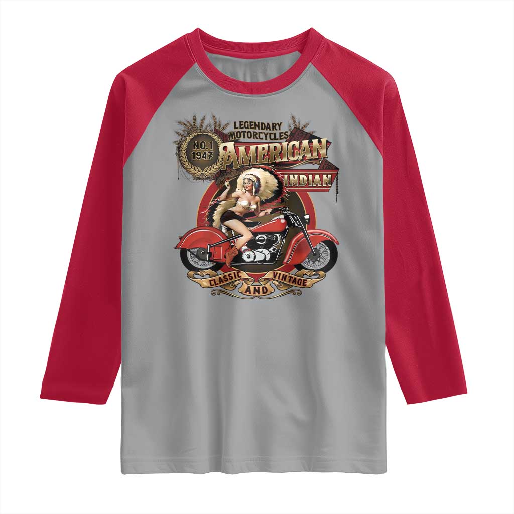 Native American Rider Raglan Shirt American Indian Legendary Motorcycle Vintage Pin Up Girl - Wonder Print Shop