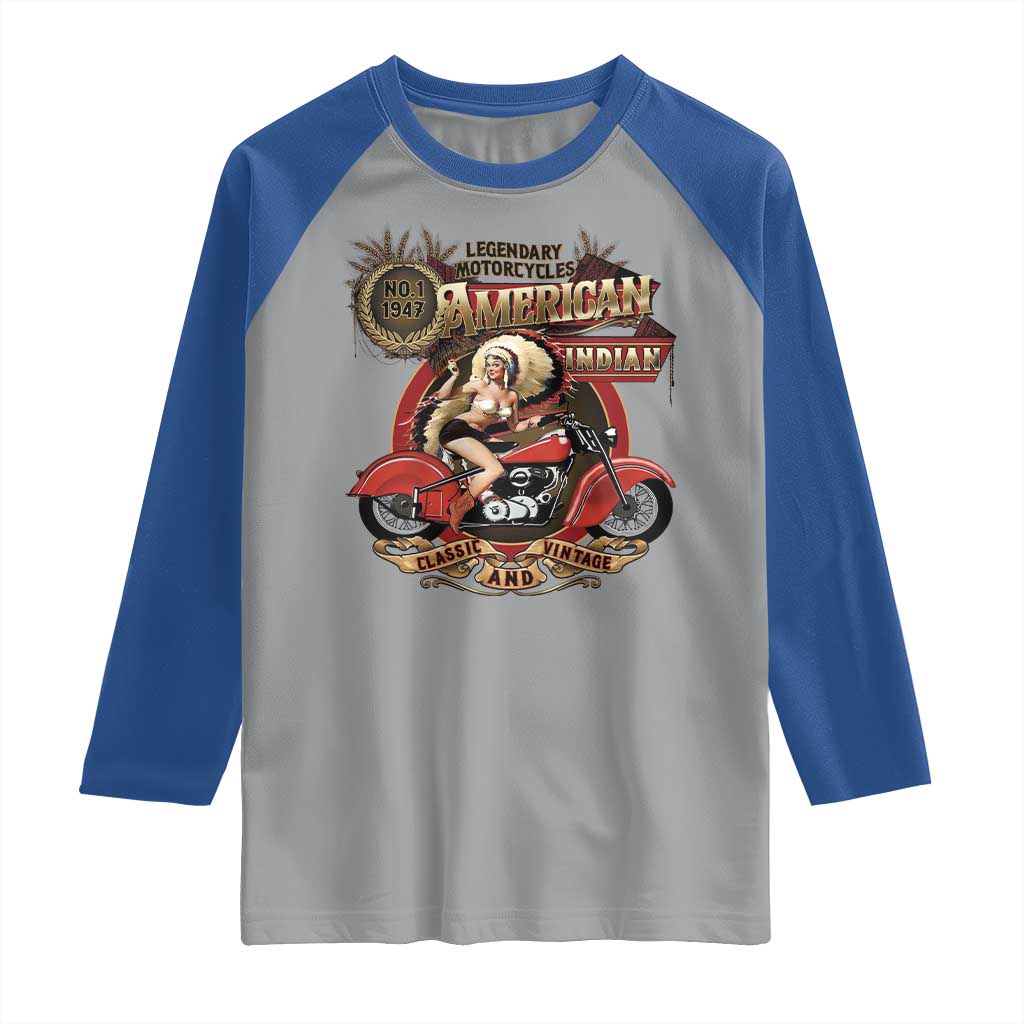 Native American Rider Raglan Shirt American Indian Legendary Motorcycle Vintage Pin Up Girl - Wonder Print Shop