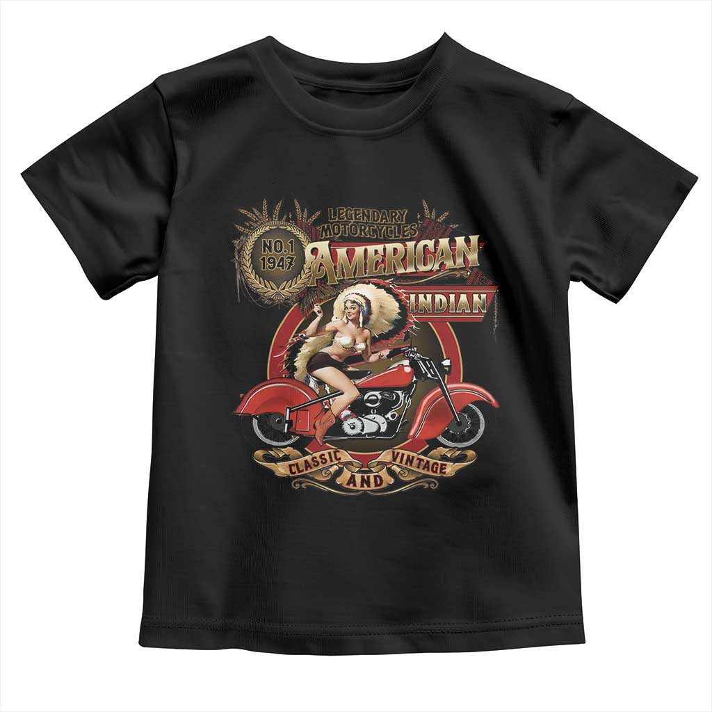 Native American Rider Toddler T Shirt American Indian Legendary Motorcycle Vintage Pin Up Girl - Wonder Print Shop