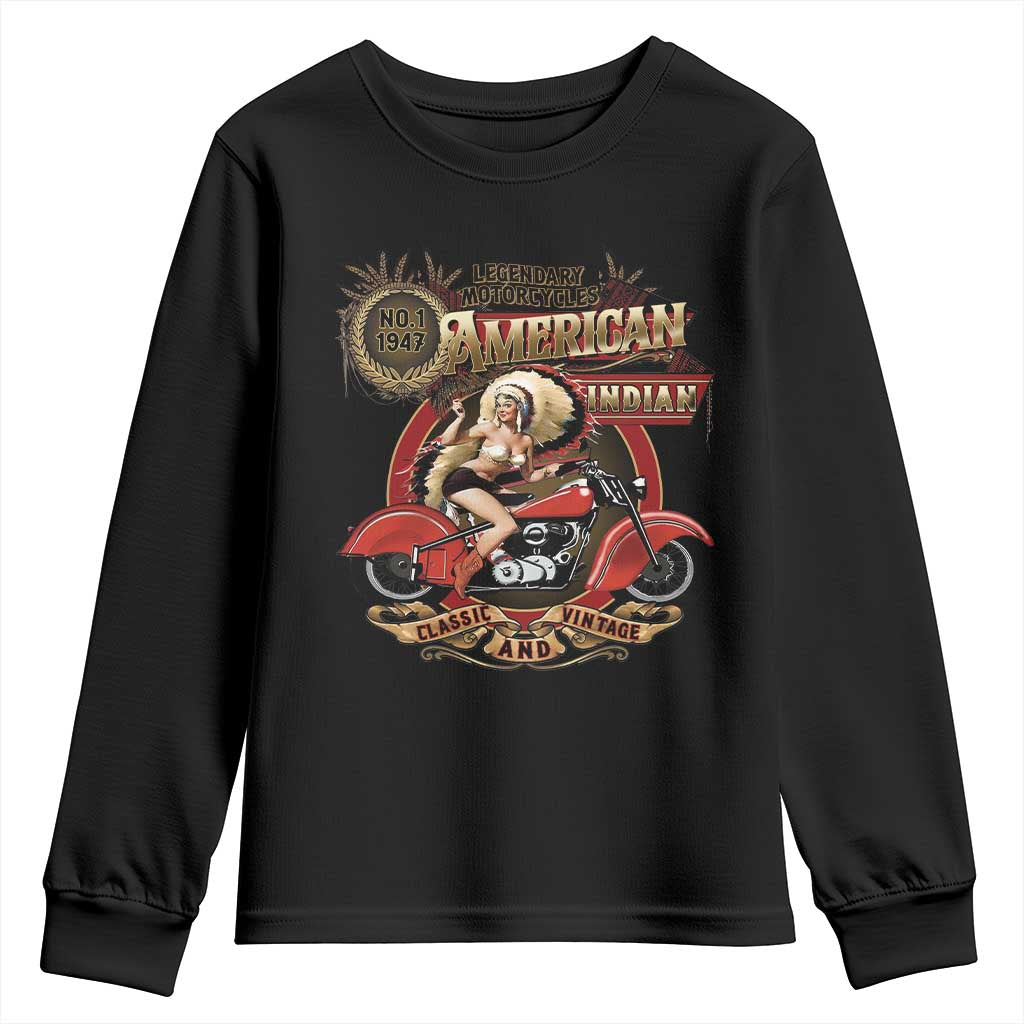 Native American Rider Youth Sweatshirt American Indian Legendary Motorcycle Vintage Pin Up Girl - Wonder Print Shop