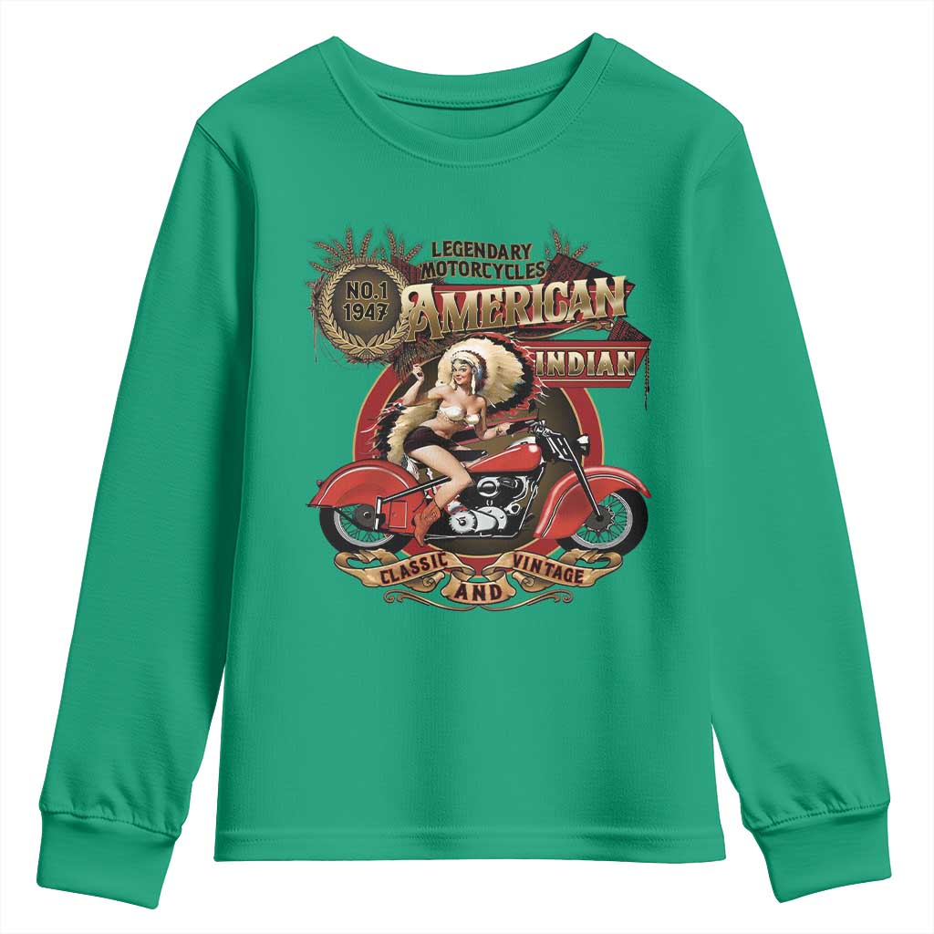 Native American Rider Youth Sweatshirt American Indian Legendary Motorcycle Vintage Pin Up Girl - Wonder Print Shop