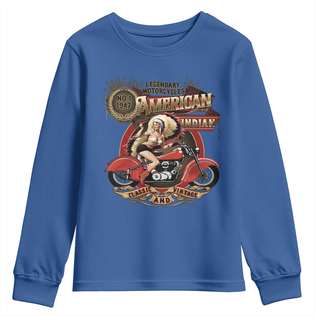 Native American Rider Youth Sweatshirt American Indian Legendary Motorcycle Vintage Pin Up Girl - Wonder Print Shop