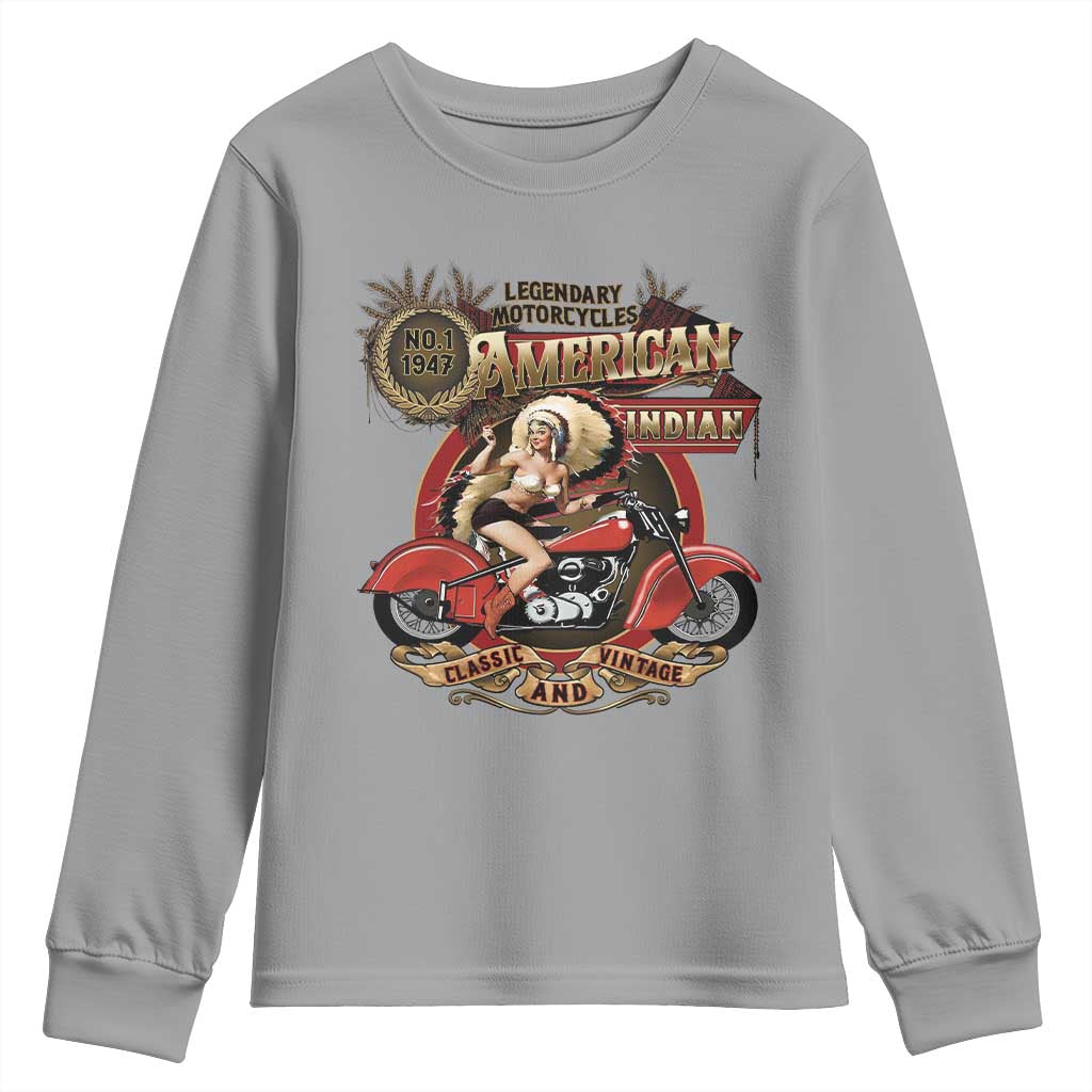 Native American Rider Youth Sweatshirt American Indian Legendary Motorcycle Vintage Pin Up Girl - Wonder Print Shop